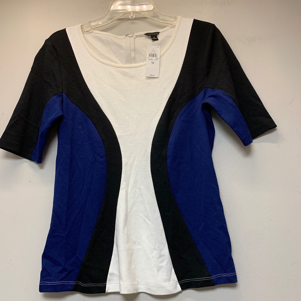 Ann Taylor Colorblock Top Womens M Blue White Black NWT Geometric Zip Back